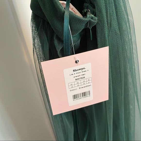 Showpo Women's Like a Vision Emerald Mesh High Slit Spaghetti Strap Gown Size 8 - Picture 7 of 11